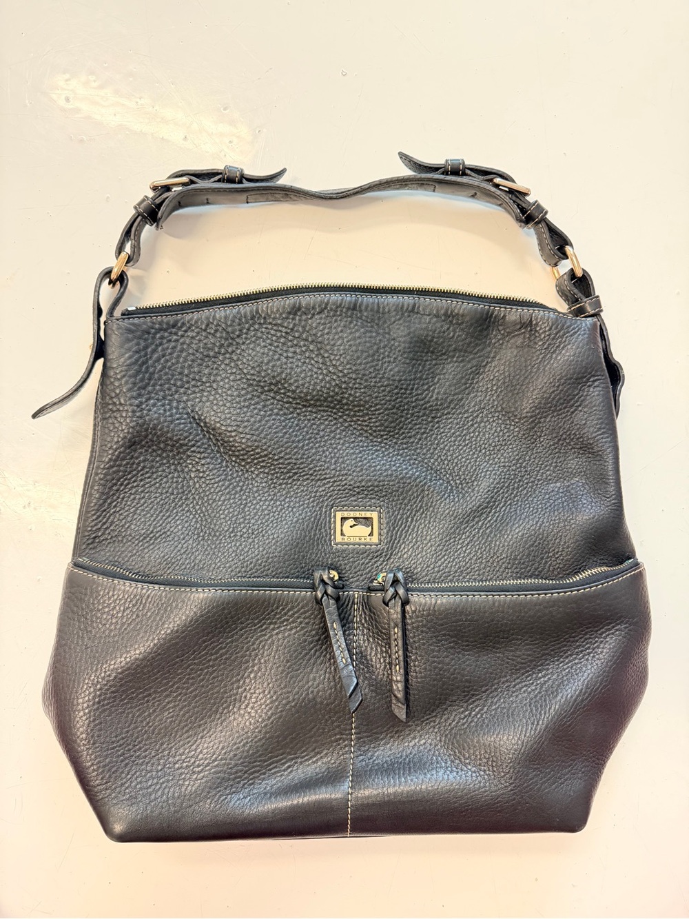 Vintage Dooney & Bourke Black Leather Shoulder Bag Zipper Pockets